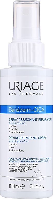 Odbudowujący spray wysuszający do twarzy i ciała z cynkiem i miedzią - Uriage Bariederm Drying Repairing Cica-Spray