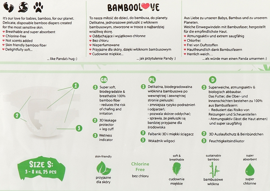 Pieluszki bambusowe, S (3-8 kg ), 25 szt. - Bamboolove — Zdjęcie N2