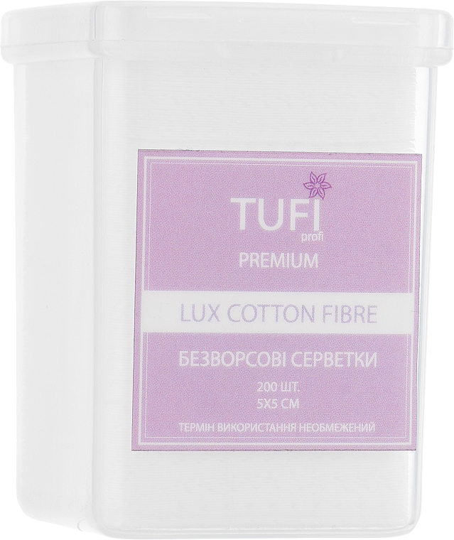 Niestrzępiące się chusteczki Lux Cotton Fibre, 5 x 5 cm, perforowane - Tufi Profi — Zdjęcie N1