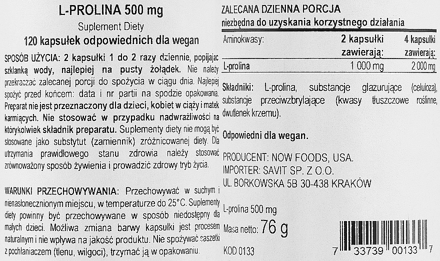 L-prolina w kapsułkach na zdrowe stawy - Now Foods L-proline — Zdjęcie N2