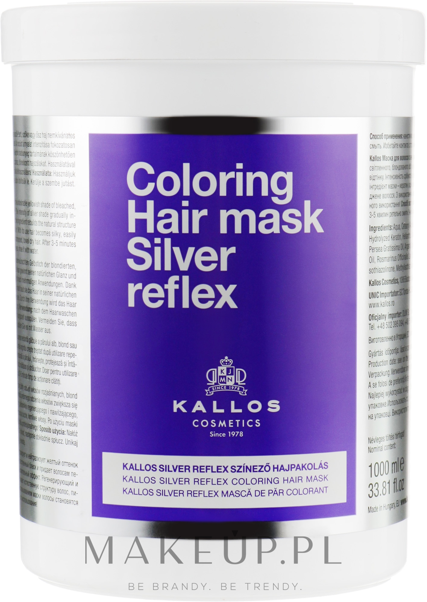 Maska do włosów niwelująca żółte tony - Kallos Cosmetics Coloring Hair Mask Silver Reflex — Zdjęcie 1000 ml