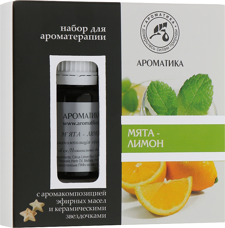 Zestaw do aromaterapii Mięta pieprzowa i cytryna - Aromatika, olejek/10ml + akcesoria/5szt.