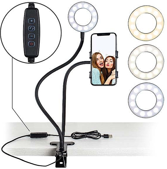 Lampa pierścieniowa LED - Rio-Beauty Lampa Led + Uchwyt Uniwersalny Ring Selfie Lampka 12w — Zdjęcie N2