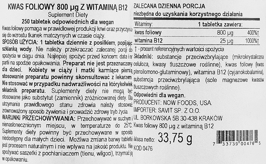 Kwas foliowy 800 mcg + B12 - Now Foods Folic Acid 800 mcg + B12 — Zdjęcie N2