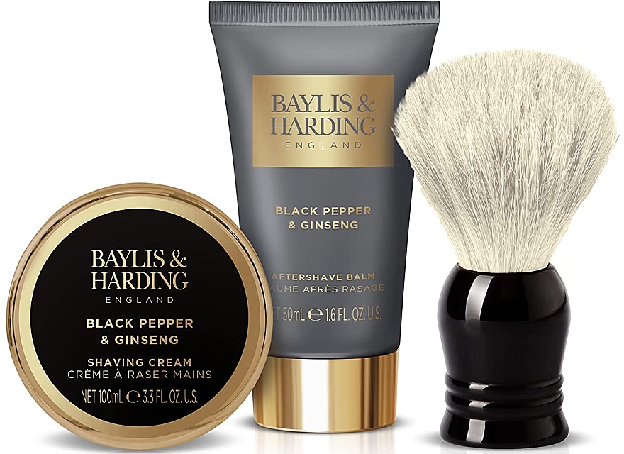 Zestaw - Baylis & Harding Black Pepper & Ginseng Luxury Shave Set (sh/cr/100ml + ash/balm/50ml + sh/brush) — Zdjęcie N2