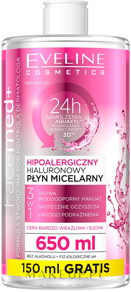 Hialuronowy płyn micelarny 3 w 1 - Eveline Cosmetics Facemed+ — Zdjęcie 650 ml