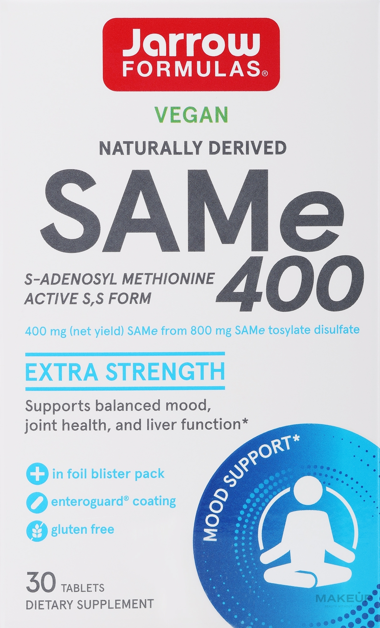 Suplement diety S-adenozylometionina w tabletkach w otoczce jelitowej - Jarrow Formulas SAM-e 400 (S-Adenosyl-L-Methionine) 400 mg — Zdjęcie 30 szt.