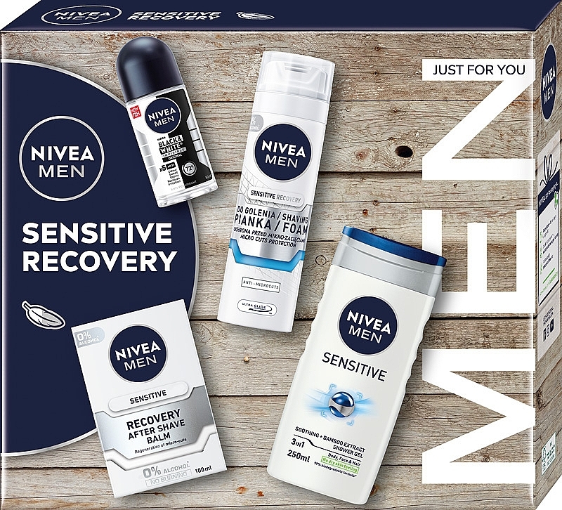 Zestaw - NIVEA MEN Sensitive Recovery Collection (ash/balm/100ml + foam/200ml + shower/gel/250ml + deo/50ml) — Zdjęcie N1