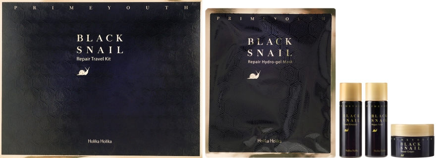 Zestaw produktów z ekstraktem ze śluzu ślimaka - Holika Holika Prime Youth Black Snail (mask + cr 18 ml + ton 31 g + emul 31 ml)