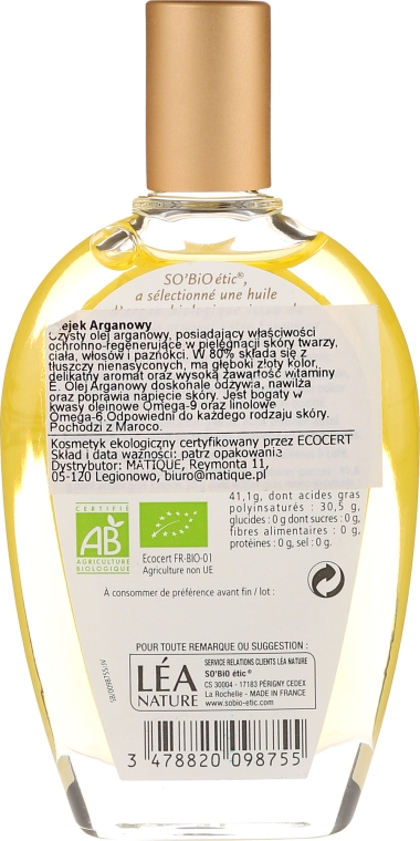 Czysty olej arganowy - So'Bio Etic Pure Argan Oil — Zdjęcie N2