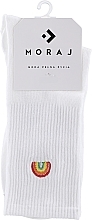 Długie bawełniane skarpetki z haftem, 1 para, białe z tęczą - Moraj — Zdjęcie N1