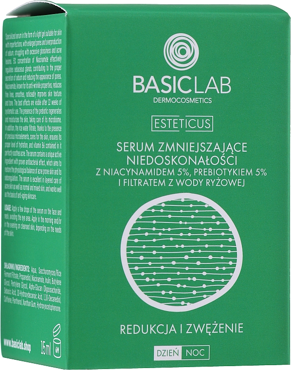 Serum zmniejszające niedoskonałości z 5% niacynamidem, 5% prebiotykiem i filtratem wody ryżowej - BasicLab Dermocosmetics Esteticus — Zdjęcie N3