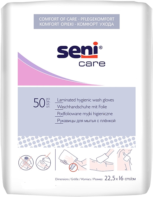 Podfoliowane myjki higieniczne, 50 sztuk - Seni Care Laminated Hygienic Wash Gloves — Zdjęcie N1