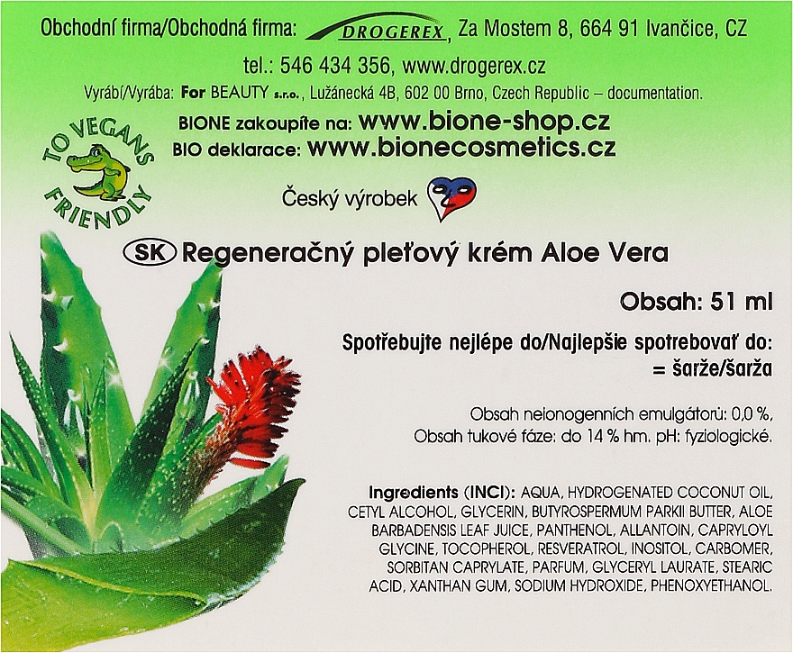 Regenerujący krem do twarzy z wyciągiem z aloesu - Bione Cosmetics Aloe Vera Regenerative Facial Cream — Zdjęcie N3
