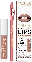 Kup PRZECENA! Zestaw: matowa pomadka w płynie i konturówka - Eveline Cosmetics Oh! My Velvet Lips (lipstick 4,5 g + l/pen 1 g) *