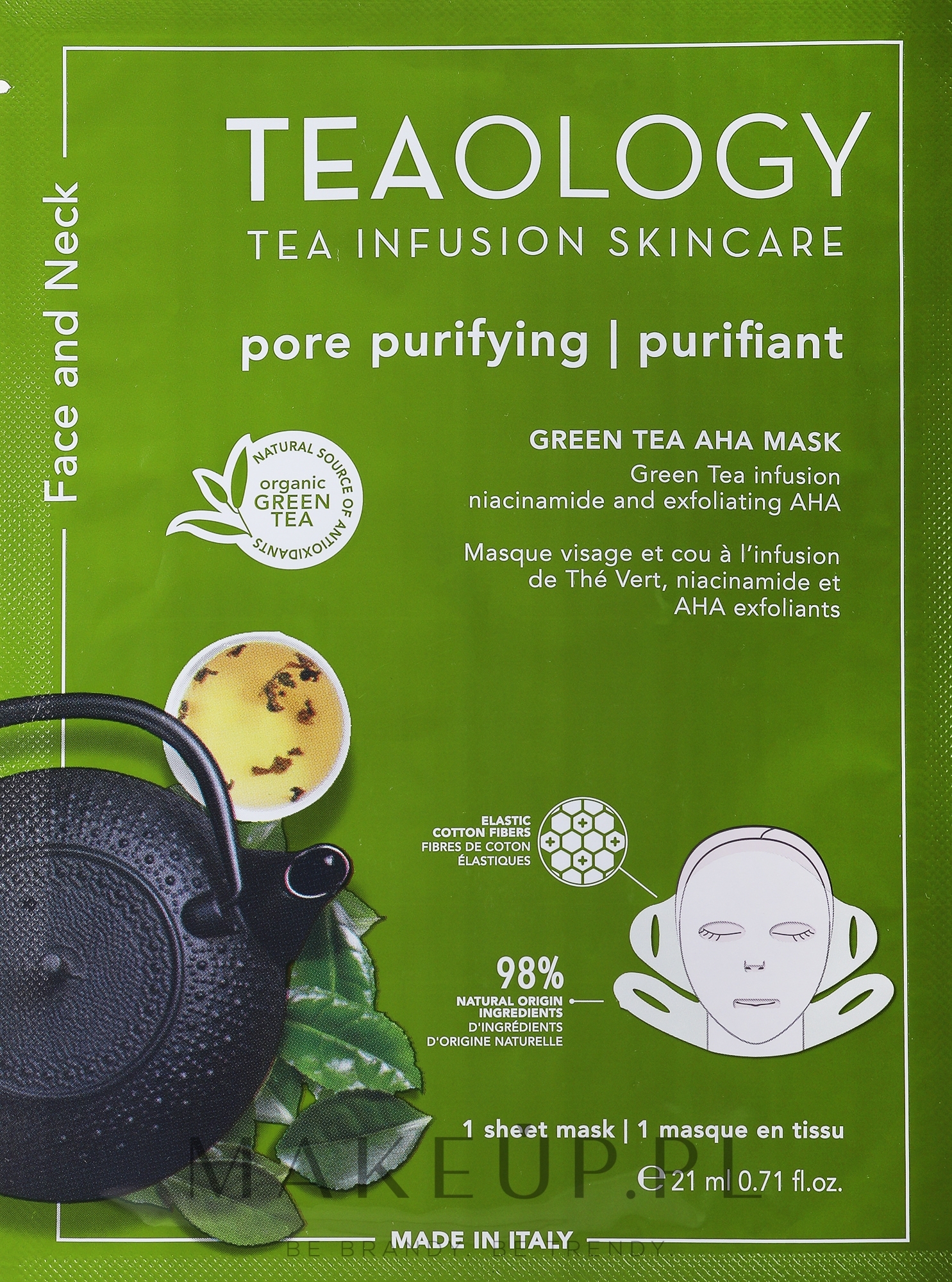 Dwuetapowa maseczka do twarzy - Teaology Green Tea Niacinamide & Aha Exfoliating Neck & Face Mask — Zdjęcie 21 ml