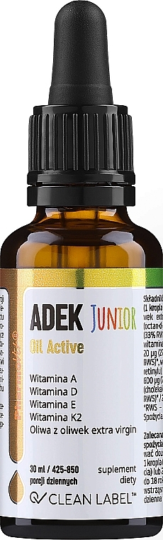 Witaminy ADEK w kroplach - Pharmovit Clean Label ADEK Junior Oil Active — Zdjęcie N1