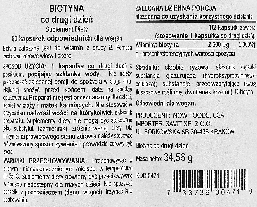 Suplement diety Biotyna, 5000 mcg - Now Foods Biotin 5000 Mcg Energy Production — Zdjęcie N3