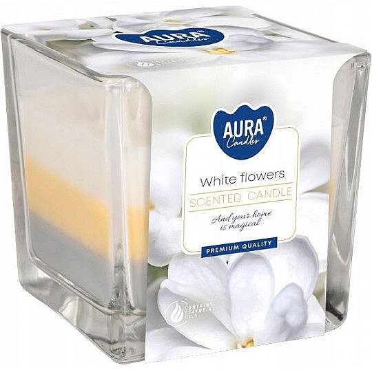 Świeca w kwadratowej szklance Białe kwiaty - Bispol Aura White Flowers Candles — Zdjęcie N1