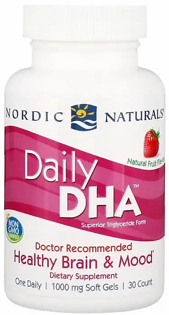 Olej rybny w żelowych kapsułkach o smaku truskawkowym - Nordic Naturals Daily DHA — Zdjęcie N1