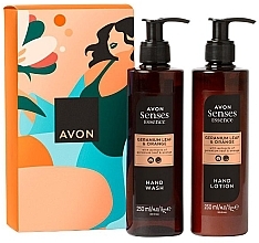 Zestaw - Avon Senses Essence Geranium Leaf & Orange (h/lot/250ml + h/wash/250ml) — Zdjęcie N1