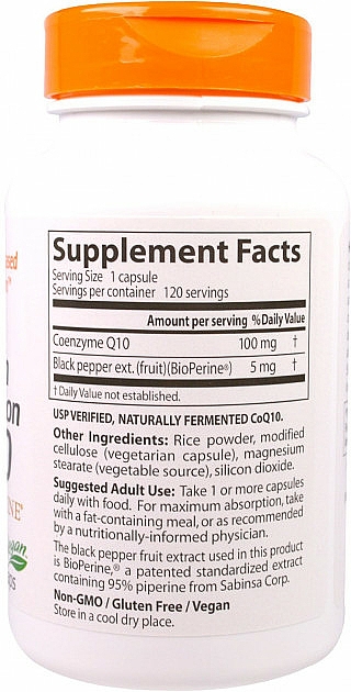 Suplement diety z koenzymem Q10 - Doctor's Best High Absorption CoQ10 with BioPerine 100 mg, 120 Veggie Caps — Zdjęcie N2