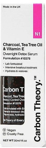 Detoksykujące serum na noc z olejkiem z drzewa herbacianego i witaminą E - Carbon Theory Overnight Detox Serum Charcoal Tea Tree Oil & Vit E — Zdjęcie N1