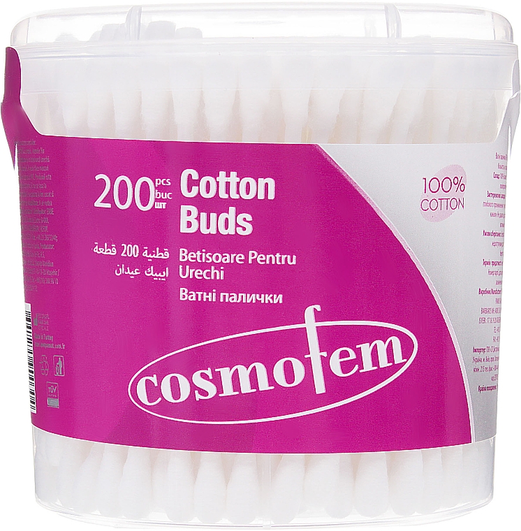 Patyczki kosmetyczne w okrągłym pudełku, 200 szt - Ipek Cosmofem Cotton Buds — Zdjęcie N1
