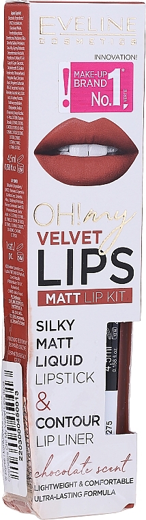 PRZECENA! Zestaw: matowa pomadka w płynie i konturówka - Eveline Cosmetics Oh! My Velvet Lips (lipstick 4,5 g + l/pen 1 g) * — Zdjęcie N2