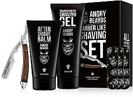 Kup Zestaw do golenia z brązową brzytwą - Angry Beards Arber Like Shaving Set (ash/balm 150 ml + ash/gel 250 ml + accessories 1 pc + patch 3 pcs)