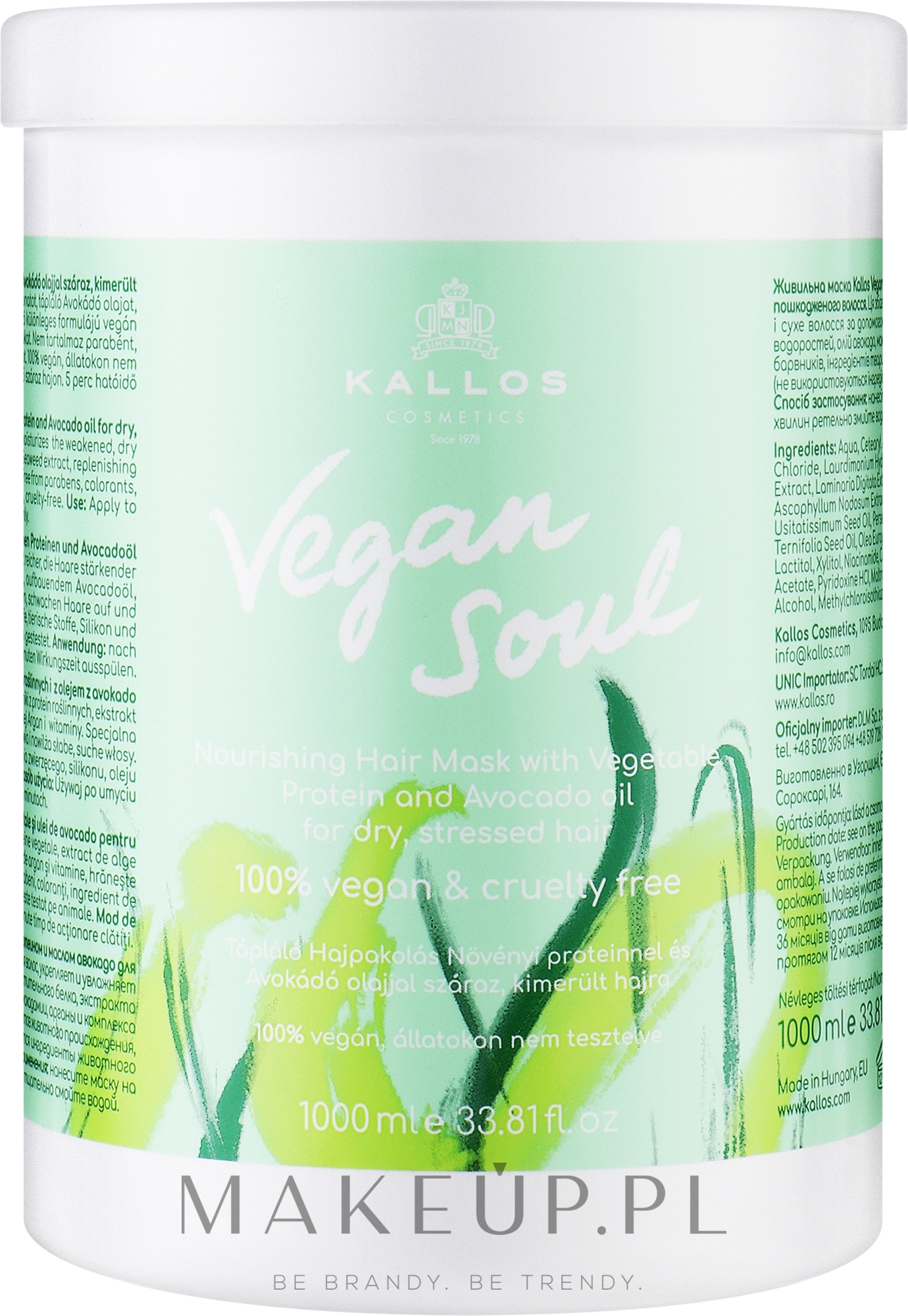 Odżywcza maska ​​do włosów z proteinami roślinnymi i olejkiem z awokado - Kallos Cosmetics KJMN Vegan Soul Nourishing Hair Mask — Zdjęcie 1000 ml