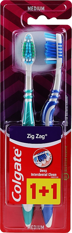 Szczoteczki do zębów, średnia twardość, granatowa + zielona - Colgate Zig Zag Plus Medium — Zdjęcie N1