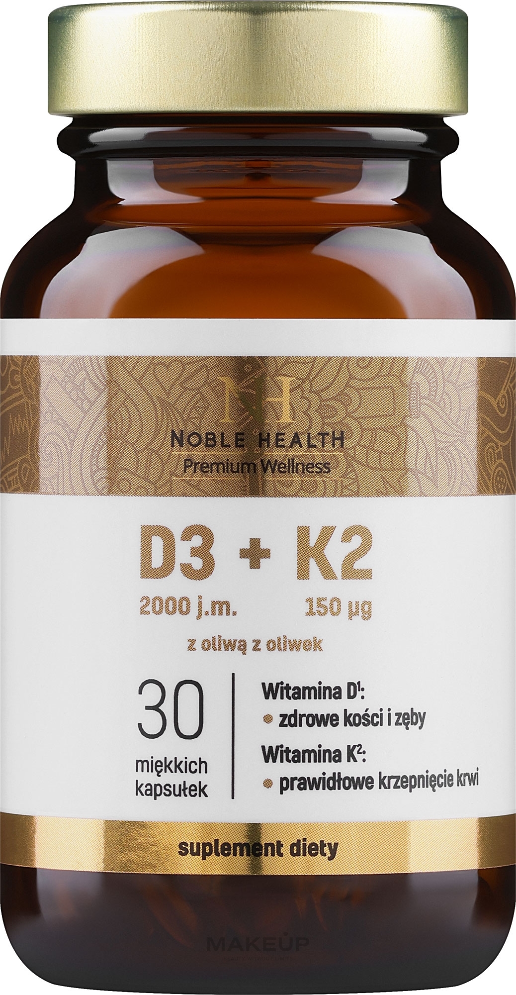 Suplement diety D3 + K2 z oliwą z oliwek extra virgin - Noble Health D3 + K2 In Olive Oil — Zdjęcie 30 szt.
