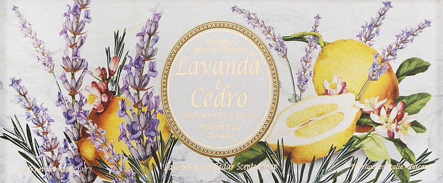 Zestaw naturalnych mydeł w kostce Cedr i lawenda - Saponificio Artigianale Fiorentino Capri Lavender & Cedar (3 x soap 100 g) — Zdjęcie N1