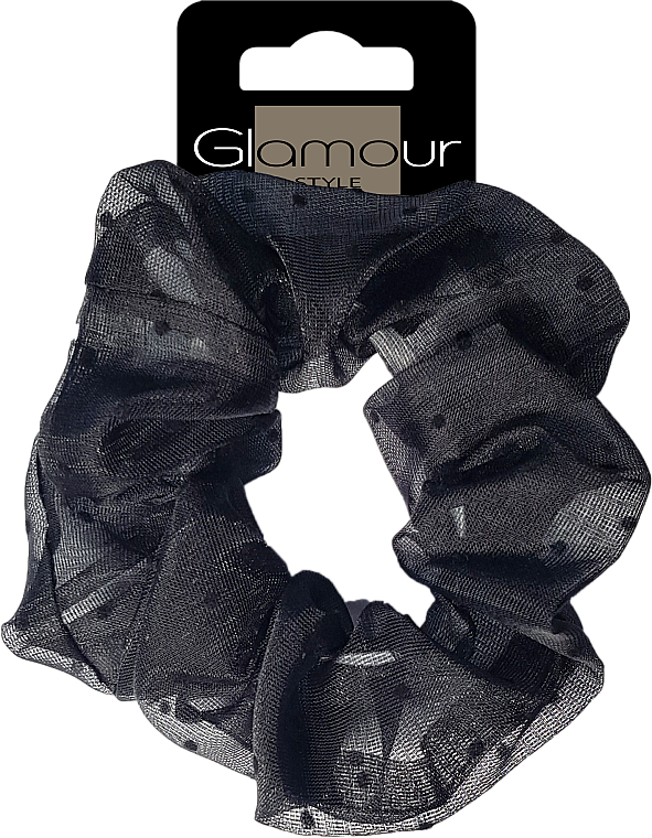 Gumka-scrunchie do włosów, 417678, czarna w kropki - Glamour — Zdjęcie N1