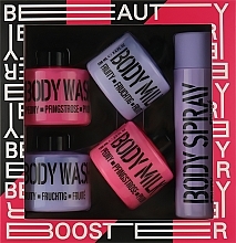 Kup Zestaw Różowa piwonia i owocowy fioletowy - Mades Cosmetics Beauty Booster (sh/gel/2x100ml + b/ilk/2x100ml + b/spray/100ml)