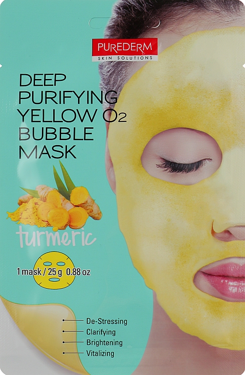 Maska tlenowa do głębokiego oczyszczania twarzy Kurkuma - Purederm Deep Purifying Yellow O2 Bubble Mask
