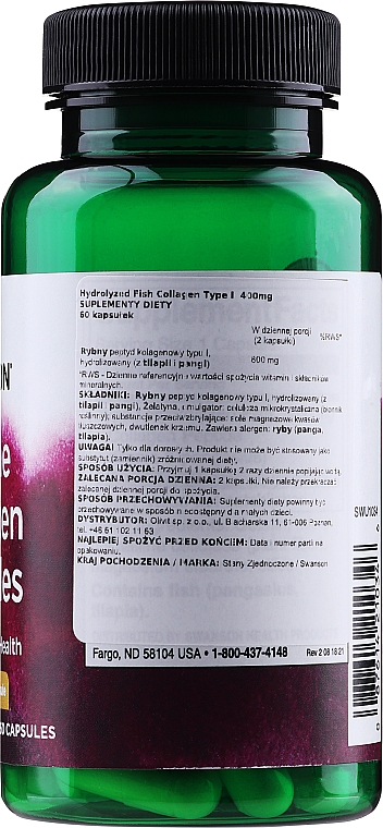 Suplement diety Hydrolizowany kolagen rybi typu I, 400 mg - Swanson Hydrolyzed Fish Collagen Type I 400 mg — Zdjęcie N2