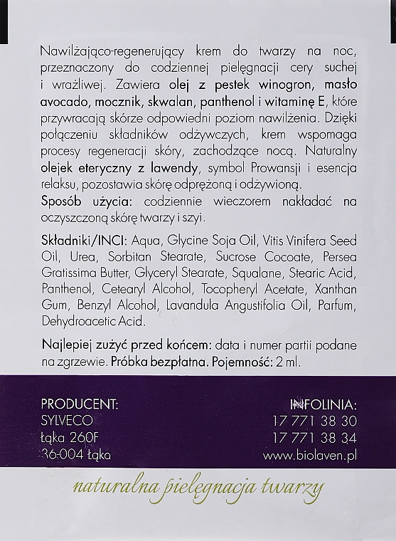 Krem do twarzy na noc - Biolaven Night Face Cream (próbka) — Zdjęcie N2