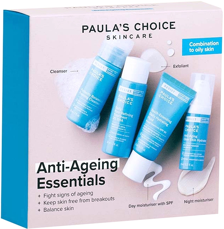 Zestaw - Paula's Choice Anti-Aging Essentials Combination To Oily Skin Set (f/gel/30ml + f/fluid/15ml + f/tonic/30ml + f/cr/10ml) — Zdjęcie N1