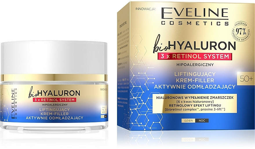 Liftingujący krem do twarzy aktywnie odmładzający 50+ - Eveline Cosmetics BioHyaluron 3xRetinol System — фото N1