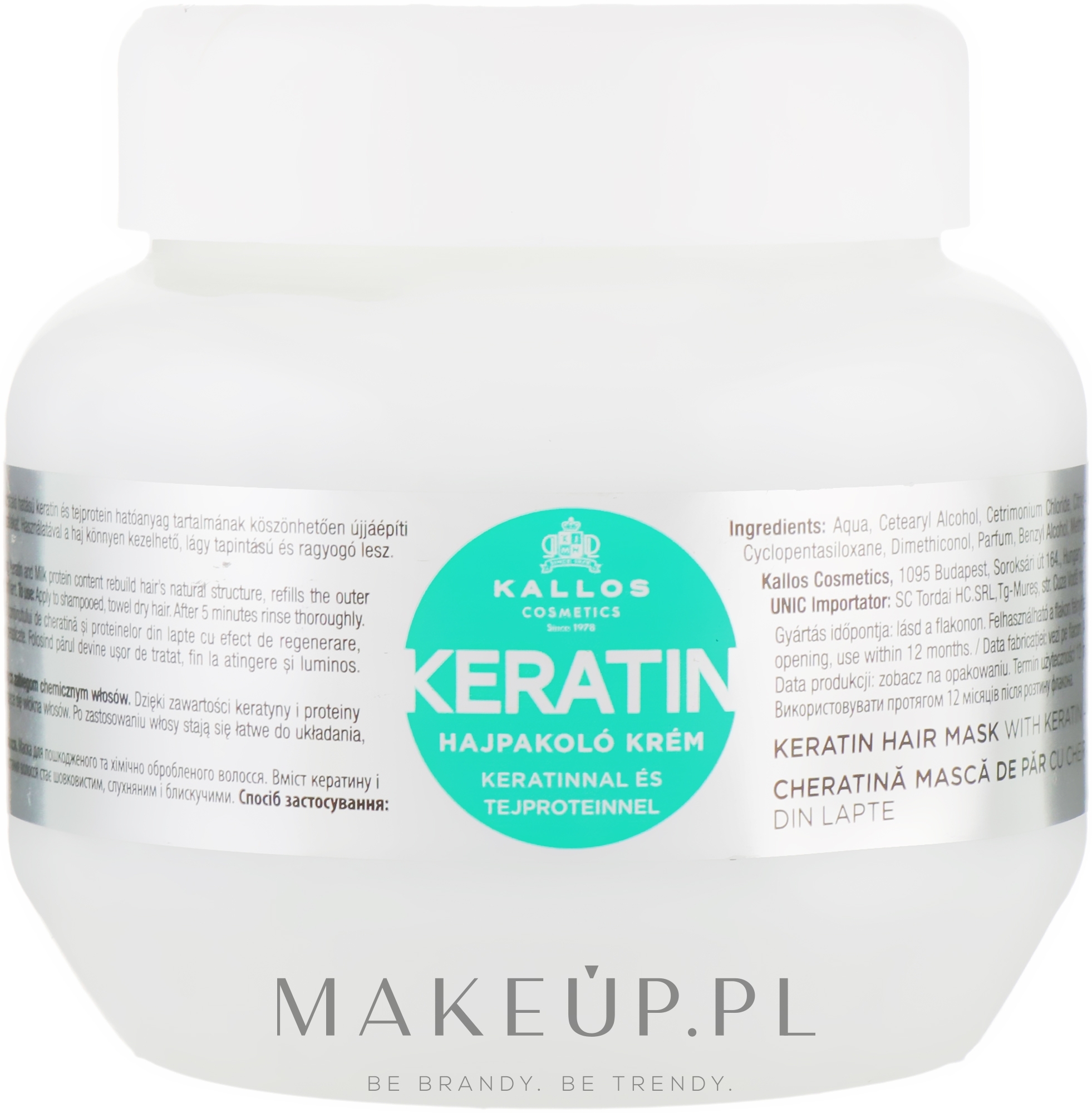 Kallos Cosmetics Keratin Hair Mask - Keratynowa maska do włosów z proteinami mleka i keratyny do włosów suchych i łamiących się — Zdjęcie 275 ml