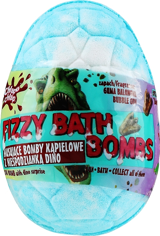 Kula do kąpieli Dino z niespodzianką, niebieska o smaku gumy balonowej - Chlapu Chlap Dino Bubble Gum Fizzy Bath Bombs