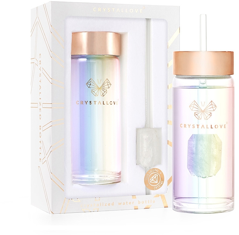 Szklana holograficzna butelka na wodę z kryształem górskim i słomką, 400 ml - Crystallove Glass Hologram Water Bottle with Rock Crystal and Straw — Zdjęcie N1