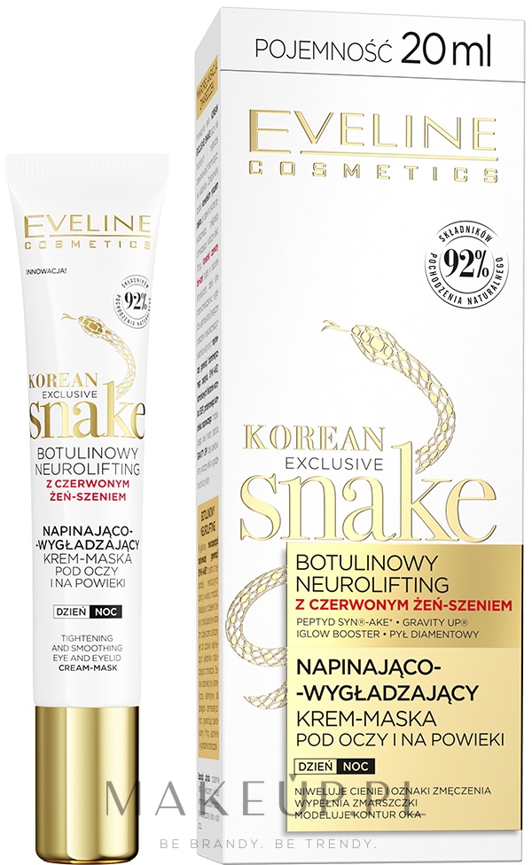 Napinająco-wygładzający krem-maska pod oczy i na powieki na dzień i na noc - Eveline Cosmetics Korean Exclusive Snake — Zdjęcie 20 ml