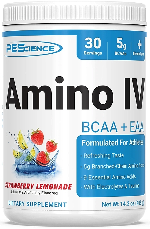 Dodatek do żywności w postaci lemoniady truskawkowej - PEScience Amino IV Strawberry Lemonade — Zdjęcie N1