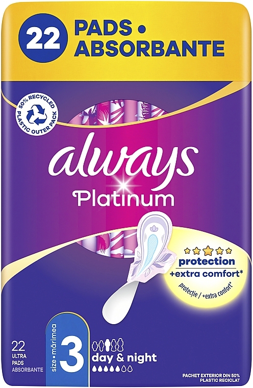 Podpaski higieniczne, rozmiar 3, 22 sztuk - Always Platinum Protection +Extra Comfort Day&Night  — Zdjęcie N3