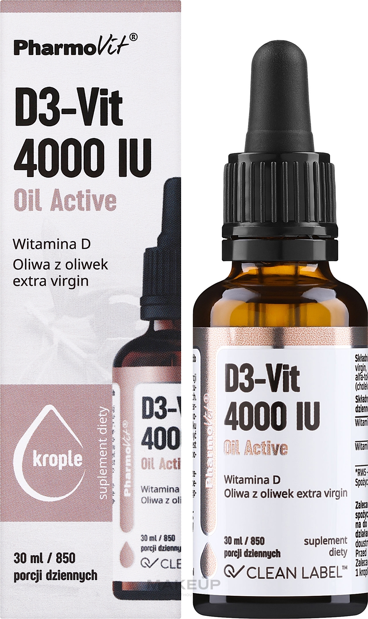 Suplement diety D3-Vit 4000 IU z witaminą D i oliwą z oliwek - Pharmovit Clean label D3-Vit 4000 IU Oil Active — Zdjęcie 30 ml
