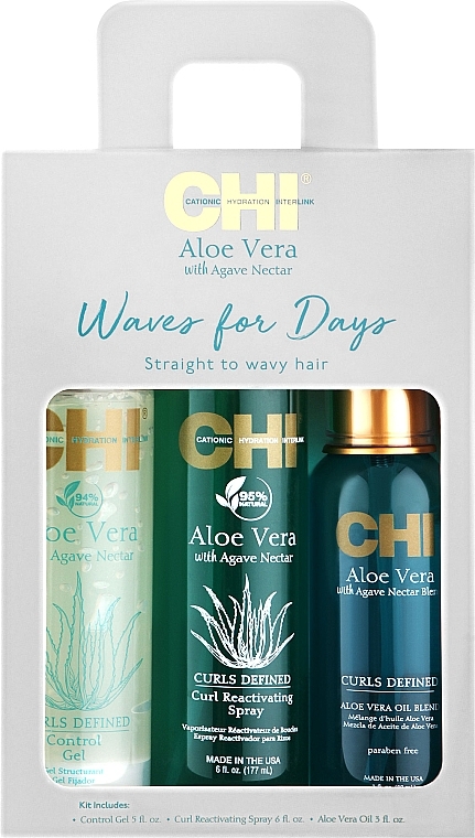 Zestaw - CHI Aloe Vera Waves for Days Kit (h/gel/147ml + spray/177ml + h/oil/89ml) — Zdjęcie N1