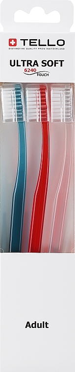 Zestaw szczoteczek do zębów, bardzo miękkie, 6240, turkusowa + czerwona + przezroczysta - Tello Ultra Soft — Zdjęcie N1
